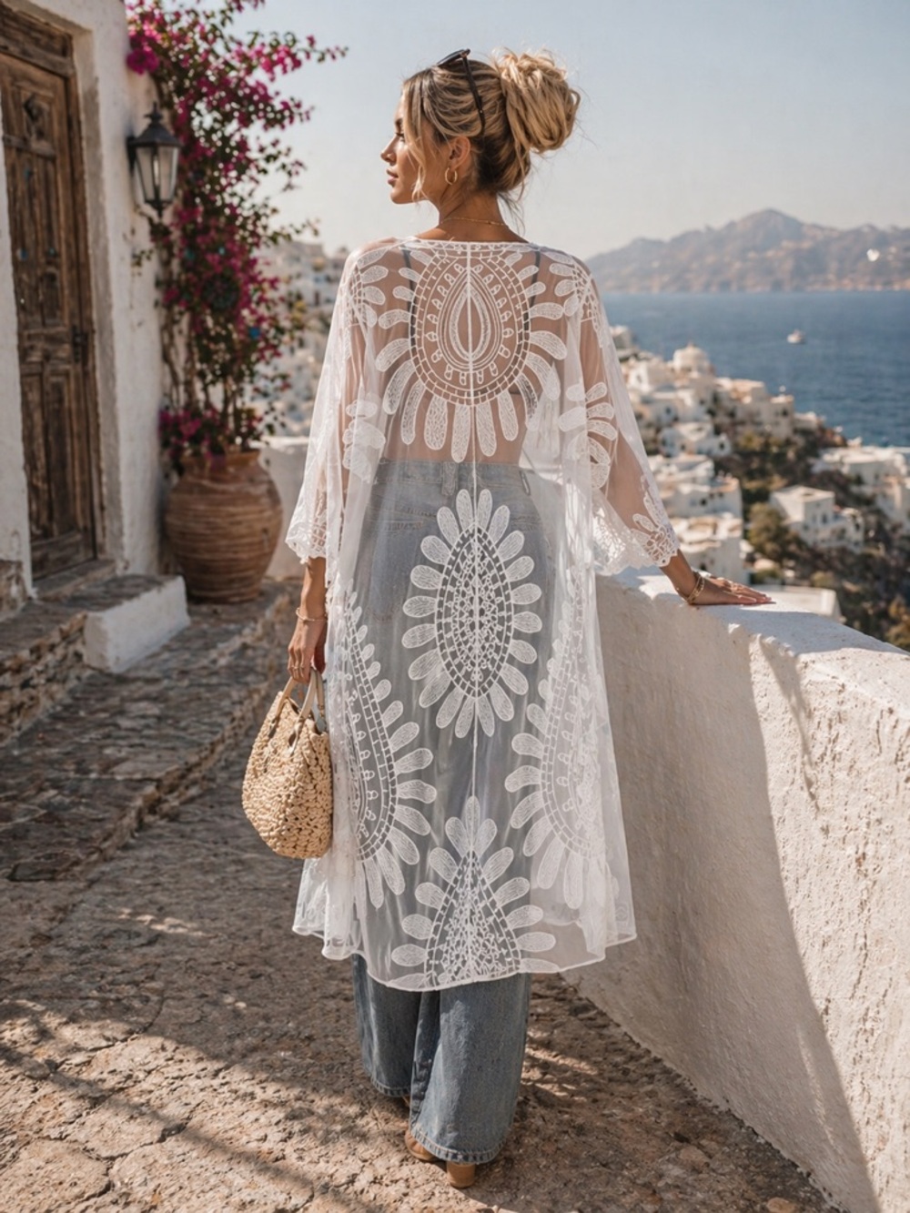 048 New White Lace Sheer Long Kimono Cover-Up